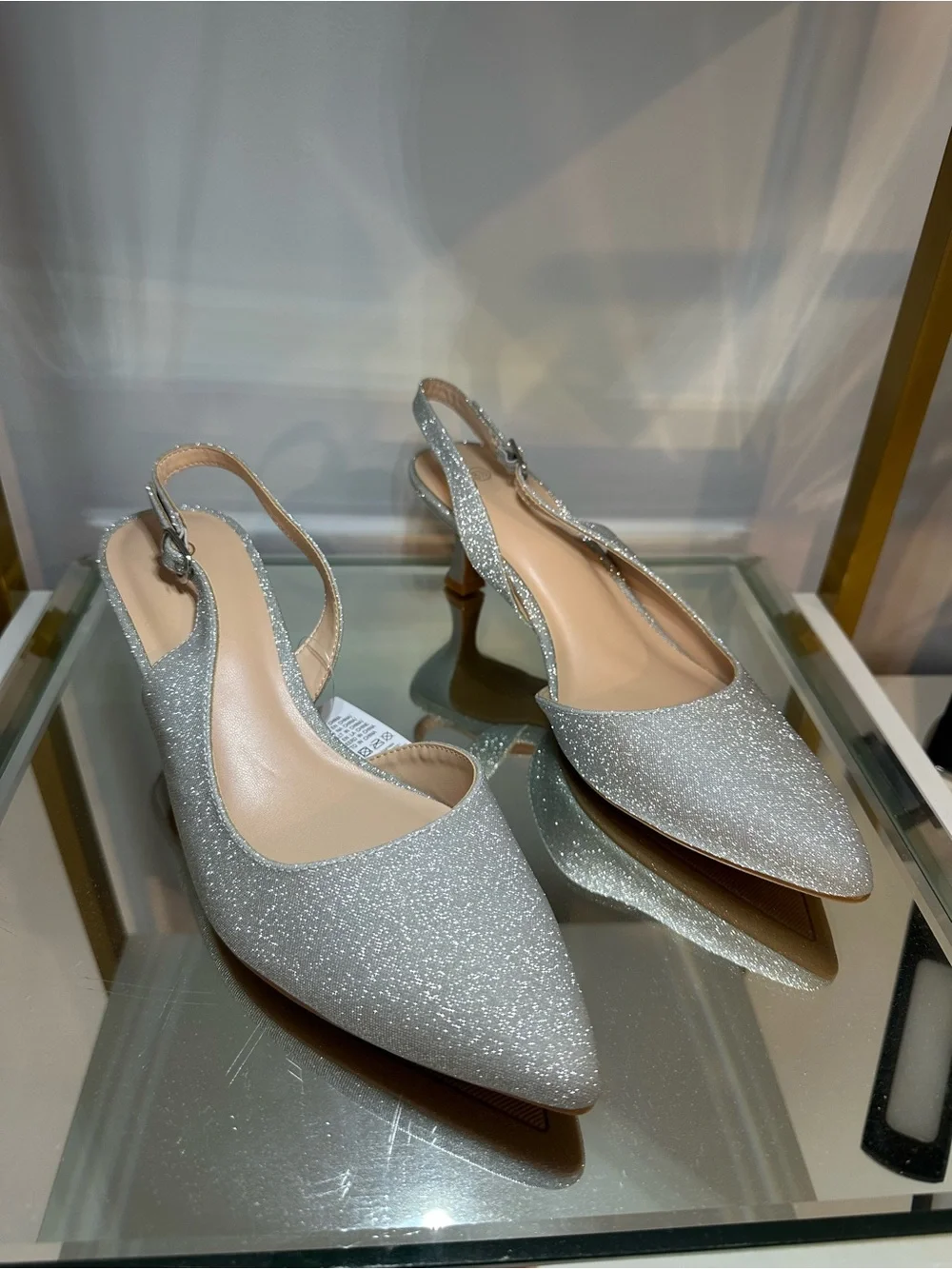 Mysoft Silver Glitter Slingback Kitten Heel Pumps Sz 8.5 NWT